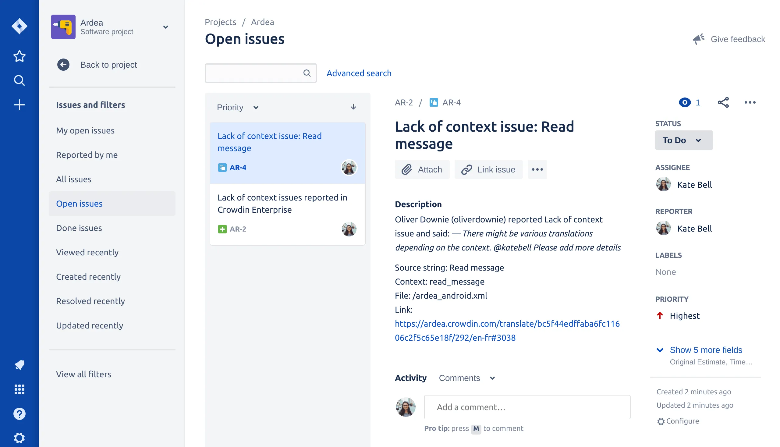 Crowdin Enterprise issue displayed in Jira